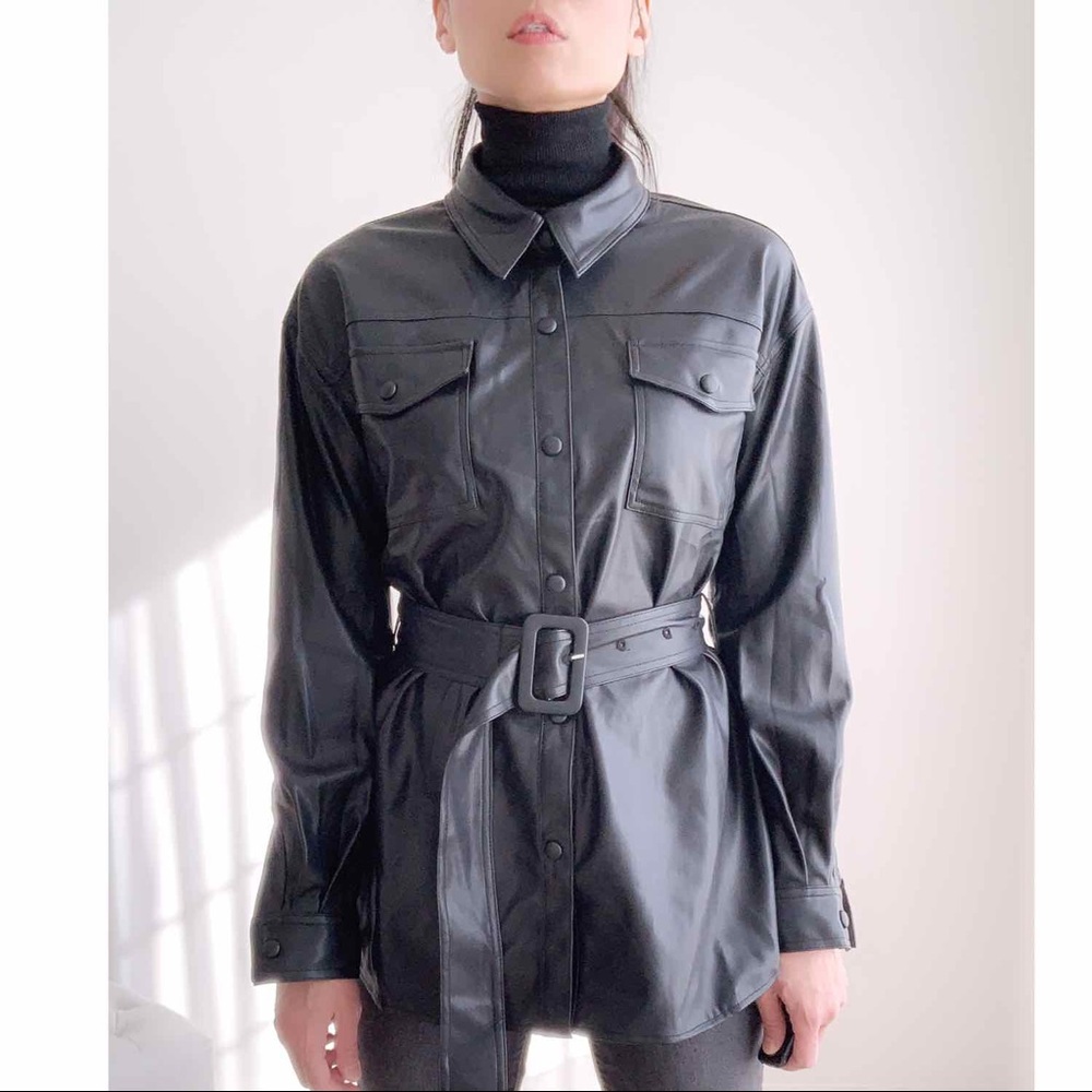 FAUX LEATHER BELTED SHACKET - BLACK - Picture 6 of 10